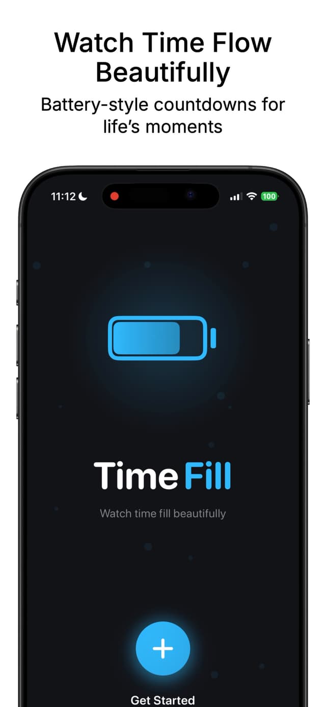 TimeFill app showing battery-style countdown with elegant dark interface