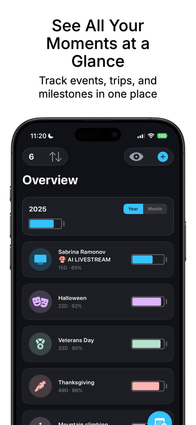 TimeFill overview showing all events with battery-style progress bars