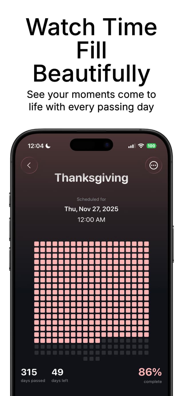 TimeFill heatmap view showing Thanksgiving countdown with day-by-day progress grid