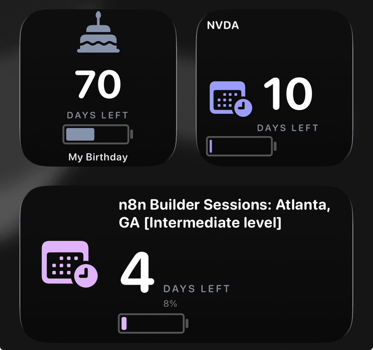 TimeFill widgets showing battery-style countdown timers for Birthday, NVDA, and n8n Builder Sessions events